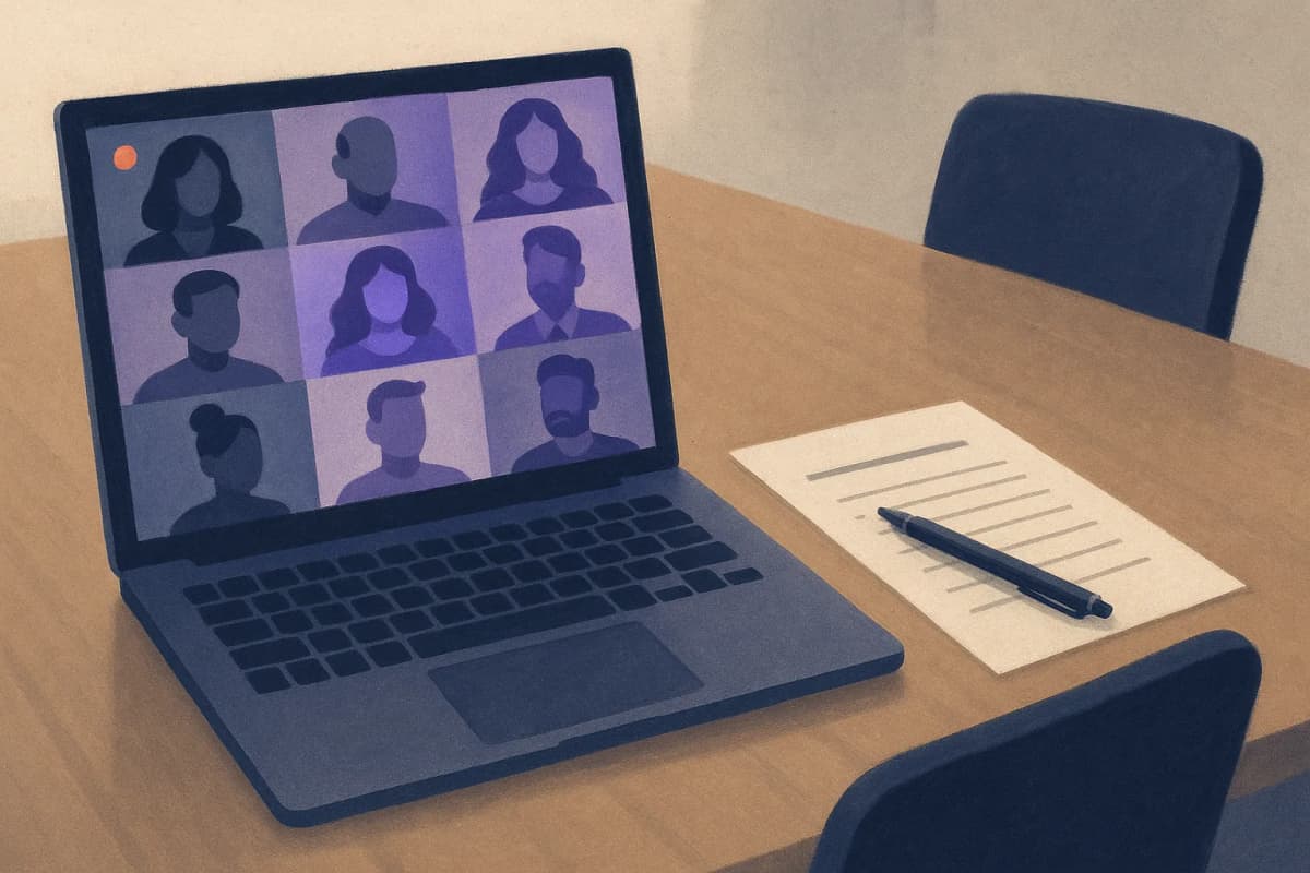 A conference-room table with a laptop showing a video call grid of faces, a small red recording dot glowing on the screen, and an empty chair with a printed attendee list beside a pen.