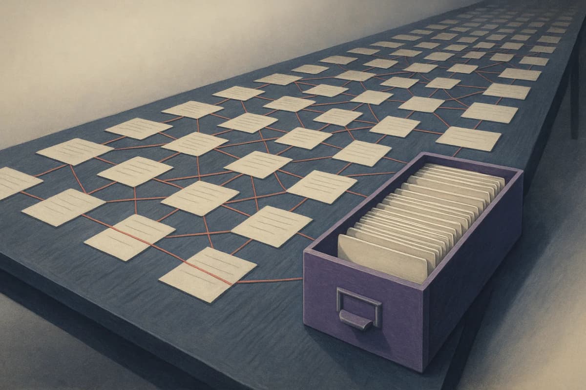 A long conference table covered in thousands of printed index cards connected by red string, with a single slim card-catalogue drawer of neatly filed cards at the near end of the table.
