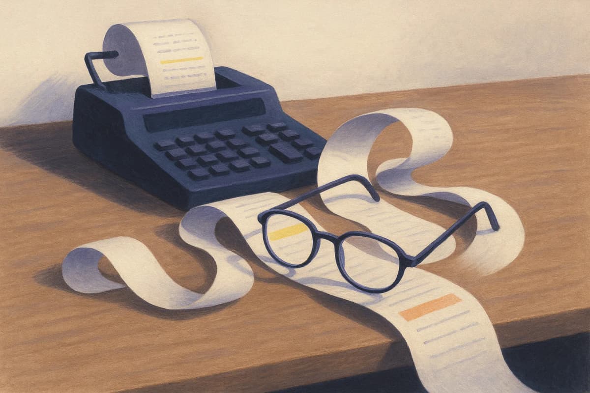 A long curling paper receipt spilling out of a desktop adding machine across a wooden office desk, a short stretch near the top highlighted in yellow and a much longer stretch further down highlighted in orange, with a p