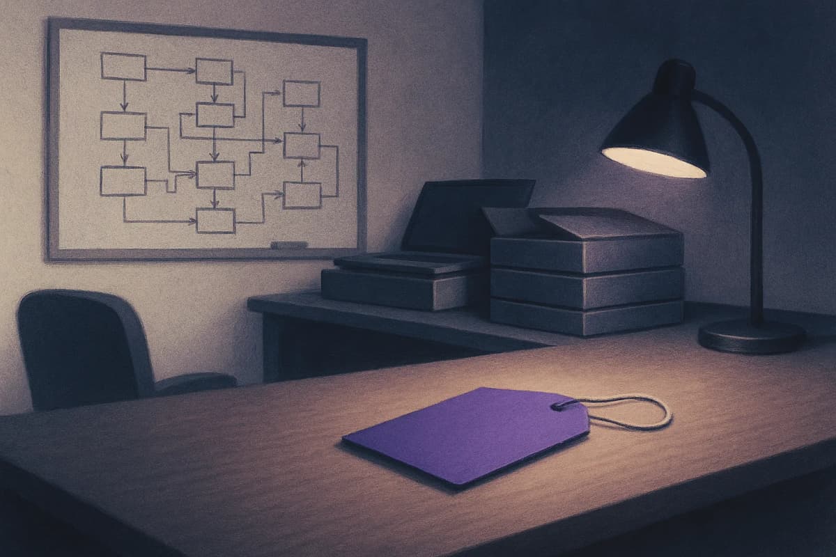 A small empty research lab office at night with a whiteboard covered in hand-drawn diagrams of connected boxes, a row of unopened laptops still in shipping boxes on a desk, and a single blank price tag lying on the table