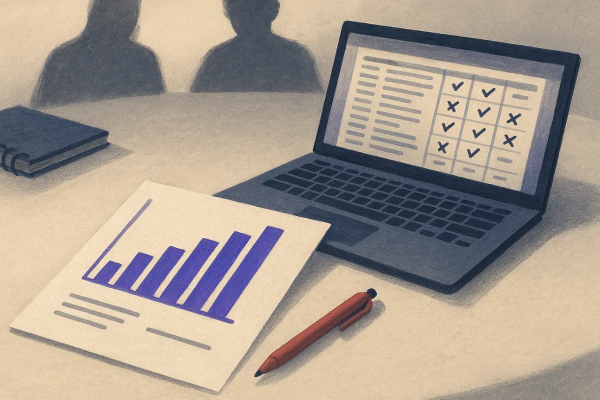 A procurement meeting table with a printed vendor slide showing a bar chart, a red pen beside it, and an open laptop displaying a long spreadsheet of individual test results with pass and fail marks.